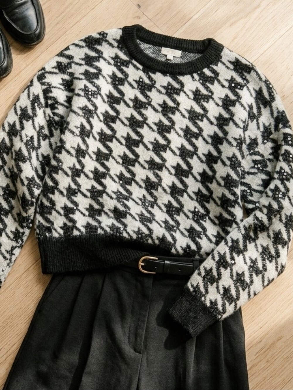 debut Black and White Houndstooth Sweater with Sequin Accents